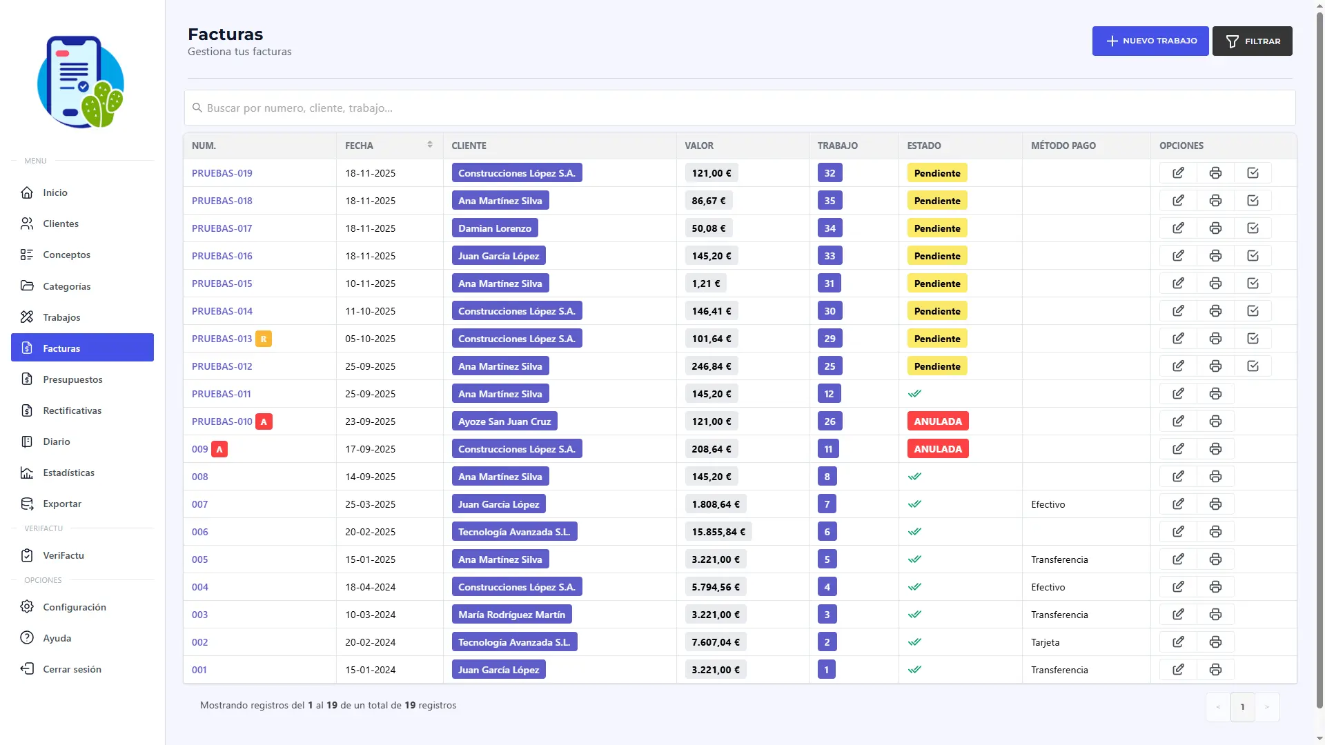 Gestión de facturas - Listado completo con filtros y opciones