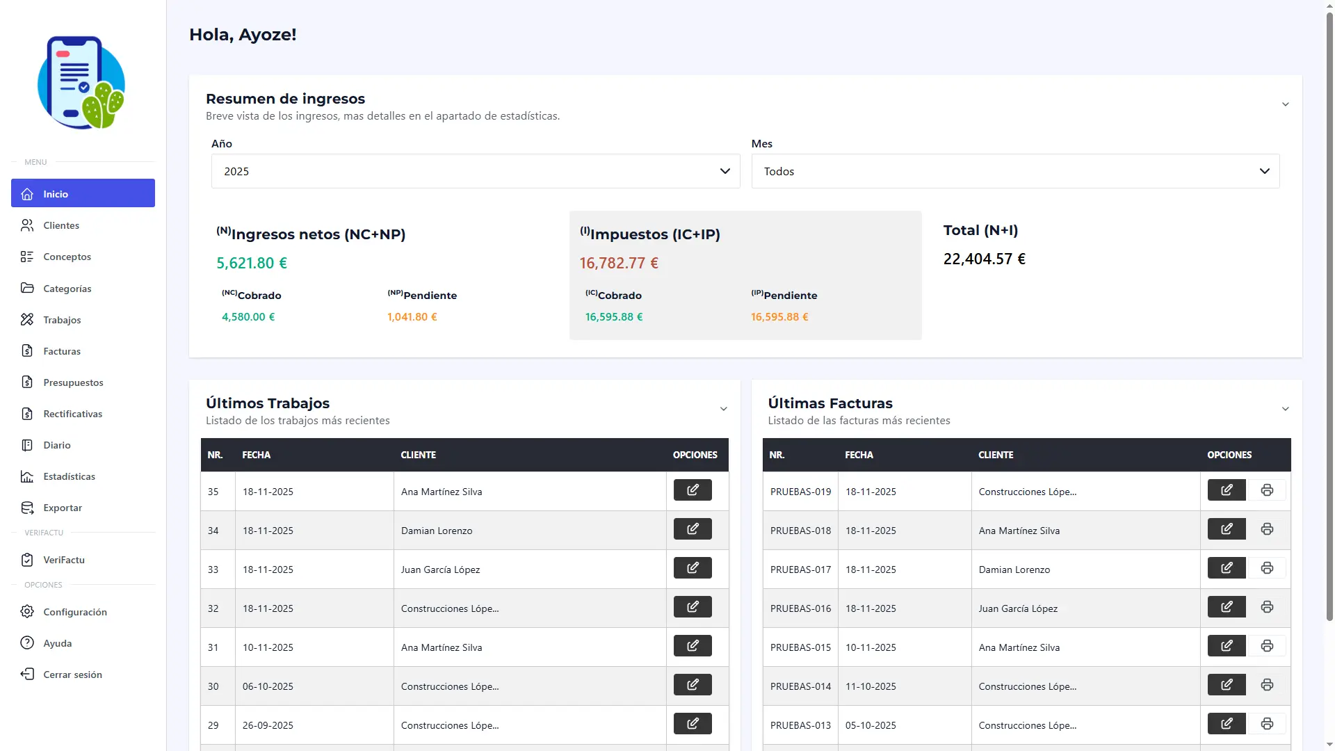 Dashboard TuneraFactum - Vista de inicio con resumen de ingresos y trabajos recientes