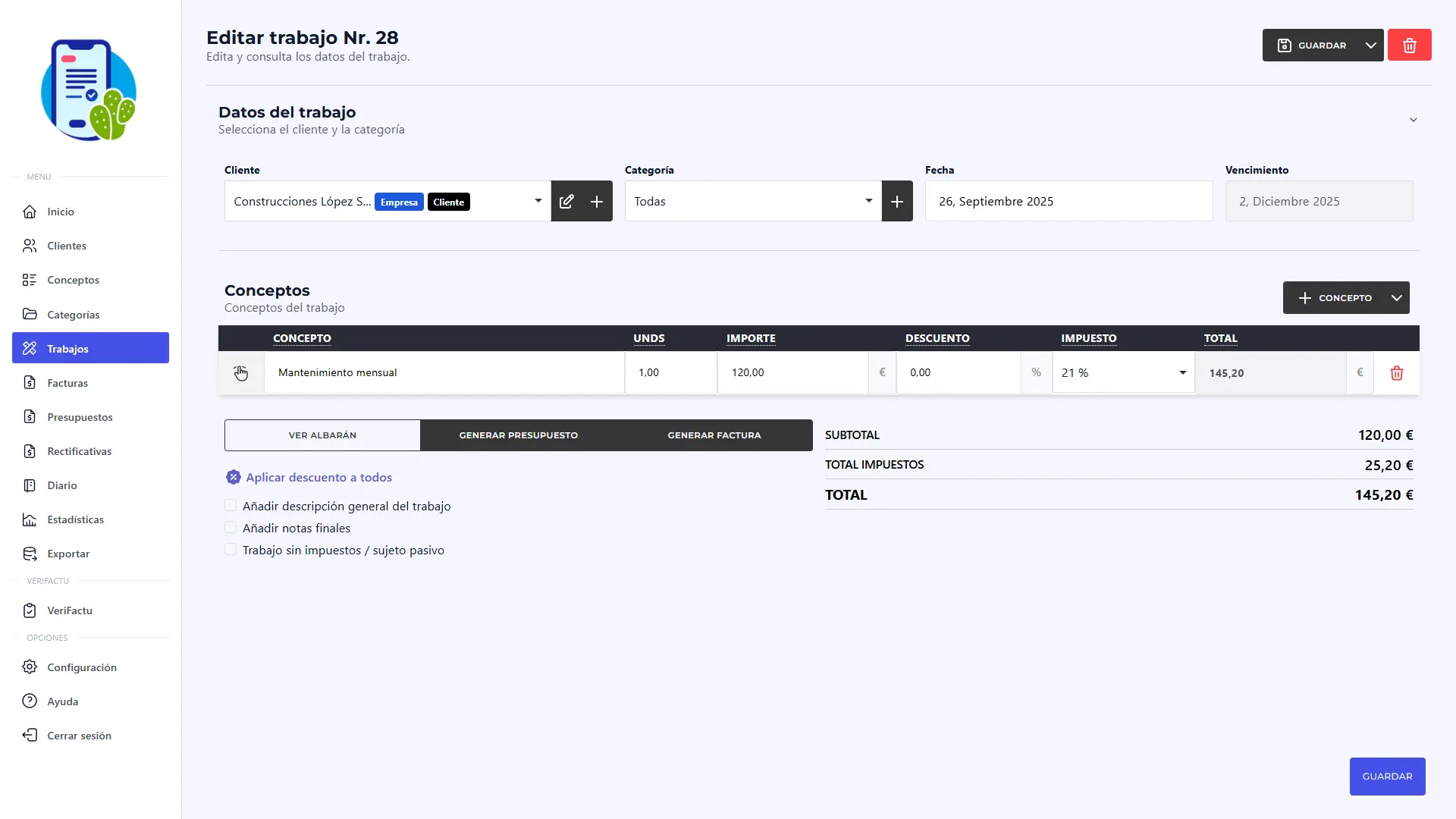 Editor de trabajos - Creación de presupuestos y facturas